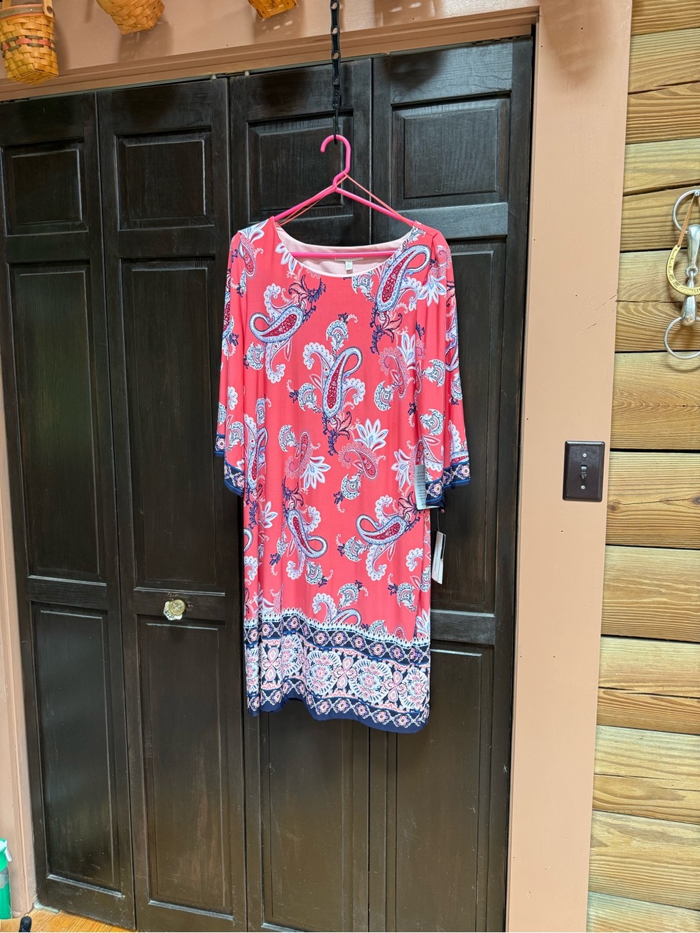 Sandra Darren Coral Paisley Midi Dress with Navy Accents